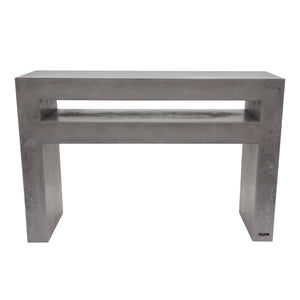 80cm high and 120cm wide square edged concrete tv unit shown in urban grey colour with a 10cm shelf for dvd and sky decoder